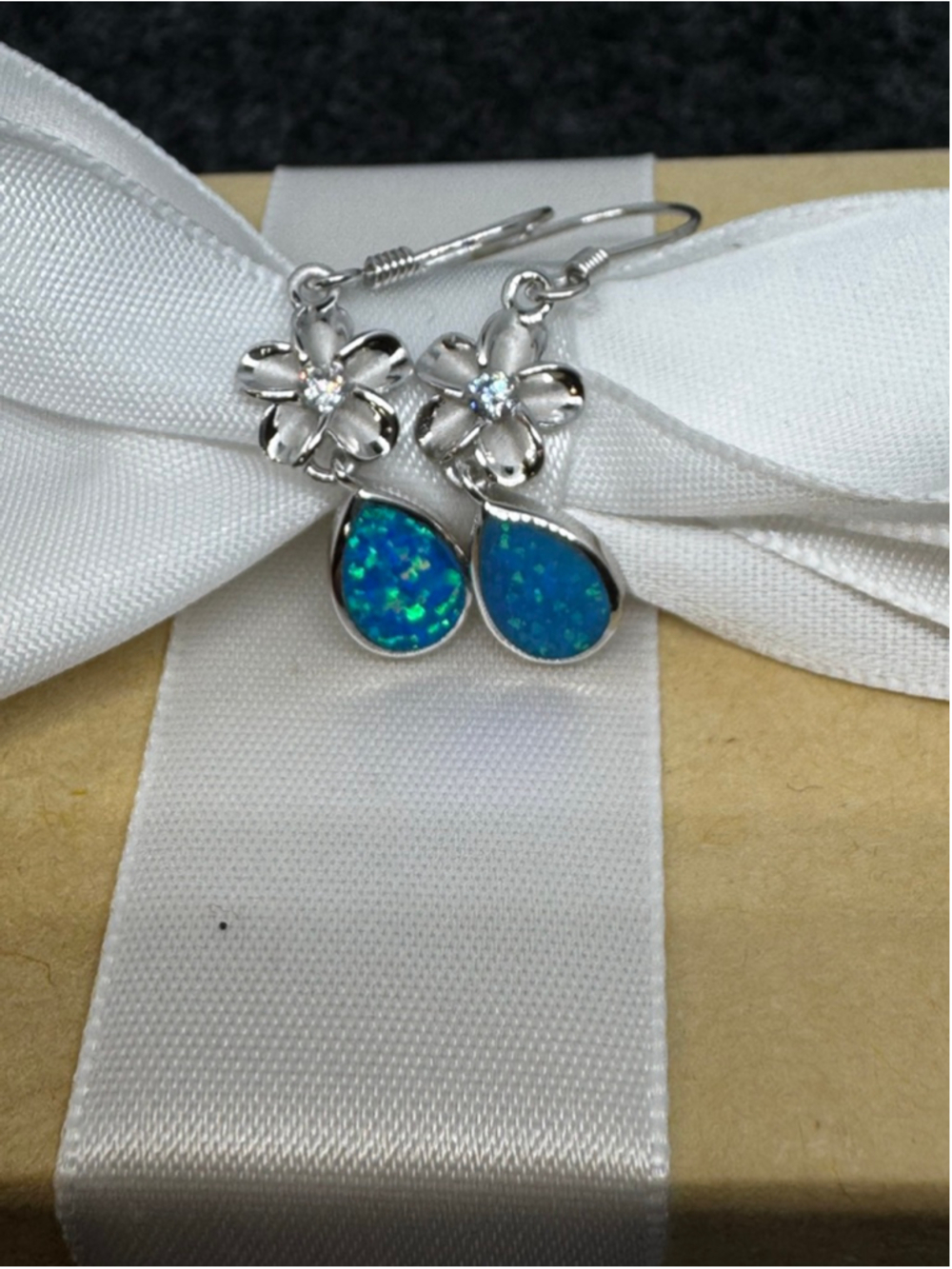 Sterling Silver‎ Flower Drop Earrings with Blue Opal, French Hooks